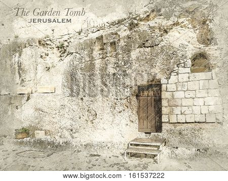 Sketch of Garden Tomb in retro style raster illustration travel greeting card postcard poster with cityscapes of Jerusalem Israel