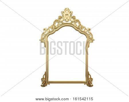 Golden vintage frame, mirror. Design retro element. physical realistic reflection . 3d rendering