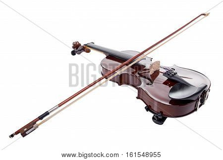 Wooden brown violin with stick on white background