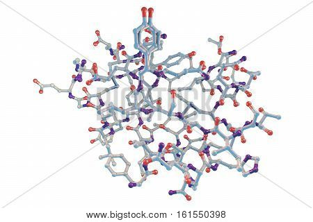 Molecular model of insulin molecule isolated on white background, 3D illustration