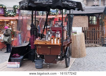 Brno,Czech Republic-December 5,2016: Mobile coffeebike at Christmas market on the Cabbage Market on December 5, 2016 Brno Czech Republic