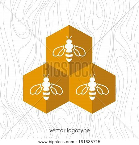 Bee icon. Vector flat logo. Stock illustration for design on wood background.