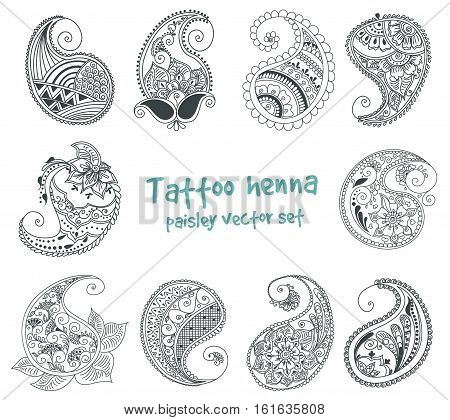 Vector abstract pattern of tattoo henna paisley. Stock mehndi set for design on white background - indian cucumbers.