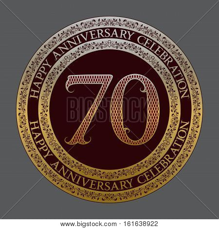 Seventieth happy anniversary celebration logo symbol. Golden maroon medal emblem in vintage style.