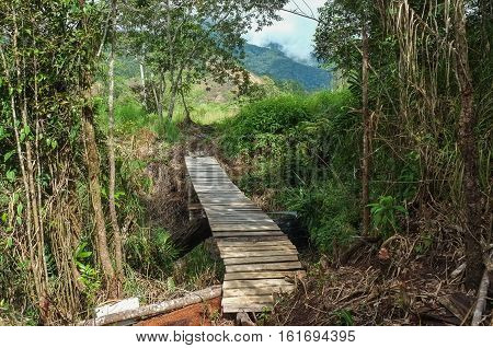 Wooden footbridge at the Mt Kinabalu Holiday Camp at Ranau,Sabah,Borneo,as a concept for challenge in nature of Borneo jungle in Kudasang,Sabah,Borneo.