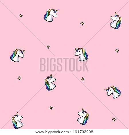 Vector seamless pattern with rainbow unicorns. Pink unicorn background
