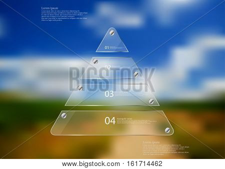 Illustration infographic template with motif of glass triangle horizontally divided to four sections. Blurred photo with natural motif is used as background with path between fields.