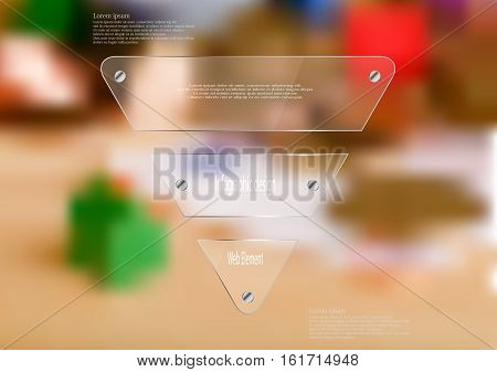 Illustration infographic template with motif of glass triangle horizontally divided to three sections. Blurred photo with financial motif is used as background with coins money or green house.