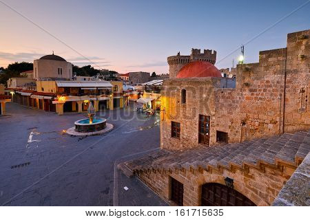 Main square of the old town of Rhodes at dusk.