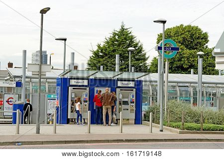 LONDON ENGLAND - JULY 7 2016: Royal Victoria Station on DLR in east London. It opened on 28 March 1994 and is named after the nearby Royal Victoria Dock.