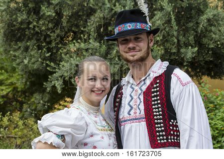 SELARGIUS, ITALY - September 13, 2015: Former marriage Selargino - Sardinia - portrait of a couple of folk group raslavican of Slovakia