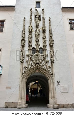 entrance of old Town Hall (Stara Radnice) tower in Brno old town, Czech