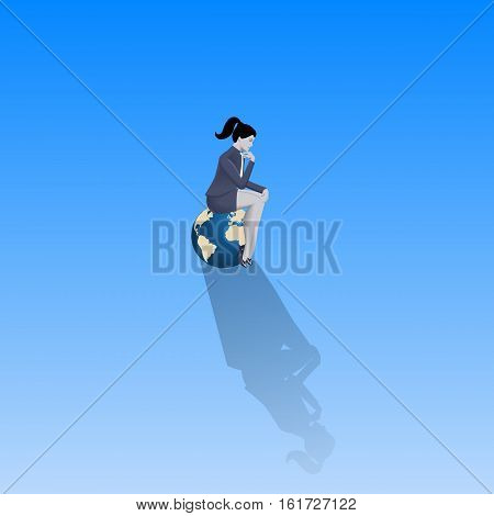 Loneliness on Olymp business concept. Pensive business woman in business suit sitting on the top of earth glove alone with only space around her. Isolation responsibility decision consequences.