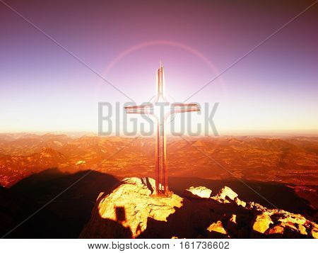 Lens Flare Light, Strong Effect.  Cross On Peak. Iron Crucifix At Mountain Top In Alp