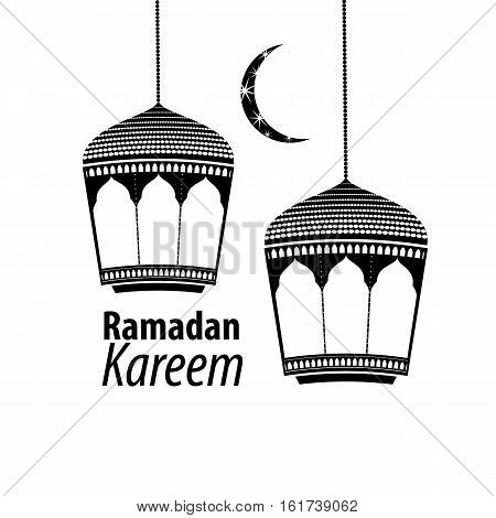 Simple black blob illustration Ramadan kareem mubarak. Beautiful islamic stylized lantern traditional greeting card wishes holy month and karim muslim. Star and moon with lamp light.