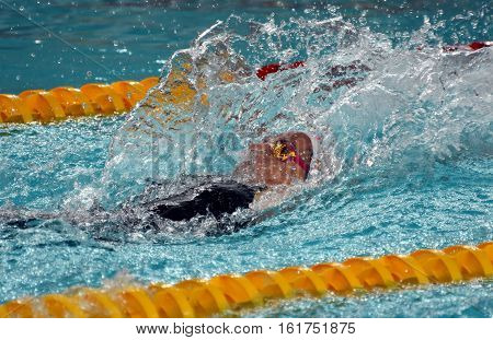 Hong Kong China - Oct 30 2016. Olympian and world champion swimmer Emily SEEBOHM (AUS) swimming in the Women's Backstroke 100m Preliminary Heat. FINA Swimming World Cup Victoria Park.