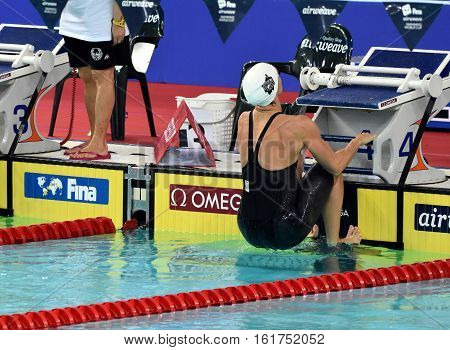 Hong Kong China - Oct 30 2016. Competitive swimmer Katinka HOSSZU (HUN) at the start of the Women's Backstroke 100m Preliminary Heat. FINA Swimming World Cup Victoria Park Swimming Pool.
