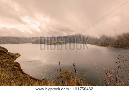Aerial View Over Volcanic Lake Laguna Cuicocha Ecuador South America