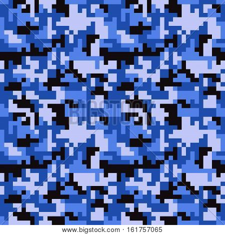 Pixel camo seamless pattern. Fashion blue trendy camouflage for game industry. Vector fabric textile print design.