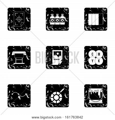 Printing in polygraphy icons set. Grunge illustration of 9 printing in polygraphy vector icons for web