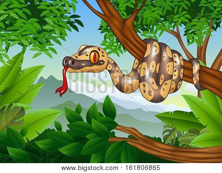Vector illustration of Cartoon Royal Python snake creeping on a branch