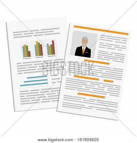 Vector illustration cv or resume report design template with senior man photo. Curriculum vitae icon.