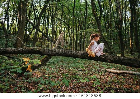 little girl playing with her bear in the woods. girl sitting on a tree