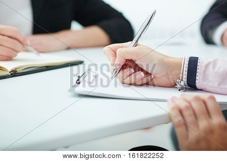 Close up of business people hands during teamwork. Business job offer financial success certified public accountant concept.