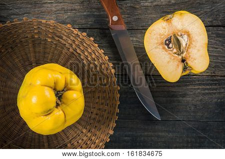 Quince fruit. Salubrious ripe yellow quince fruit