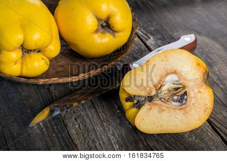 Quince fruit. Salubrious ripe yellow quince fruit