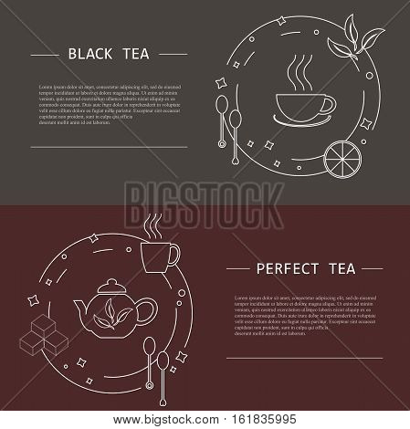 Design elements of tea concept, stock vector illustration. Vector flayers and banners in modern line style, object isolated, white tine line and lorem ipsum on grey and dark red background
