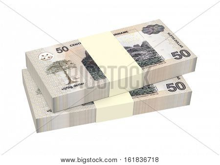 Surinamese dollar bills stack isolated on white background. 3D illustration.