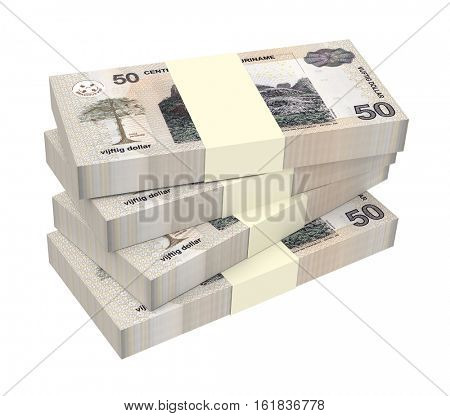 Surinamese dollar bills stack isolated on white background. 3D illustration.