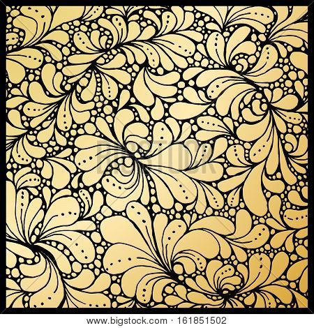 Golden petals or floral leafs ornament, paisley classic wallpaper design, black background. For gold menu and invitation cards, page decor. Luxury style lasy pattern with divider