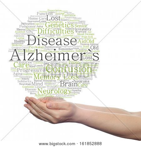 Concept or conceptual Alzheimer`s disease symtoms abstract word cloud held in hands isolated on background