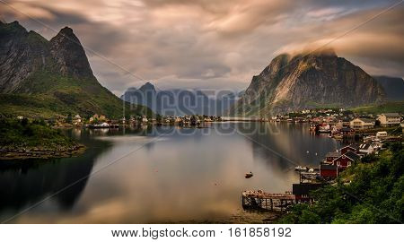 Reine village and fjord among mountains of Moskenesoya Lofoten