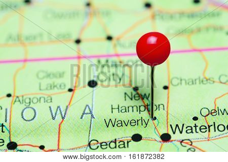 Waverly pinned on a map of Iowa, USA