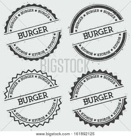 Burger Insignia Stamp Isolated On White Background. Grunge Round Hipster Seal With Text, Ink Texture