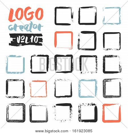 Set of 21 unique ink sketched shapes for logotype, brand style, badge or emblem. Handdrawn textured vector elements with rough edges isolated on white background. Logo creator collection.