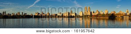 Early morning panoramic view of Jacqueline Kennedy Onassis Reservoir and Centeral Park. Upper West Side in Fall Manhattan New York City