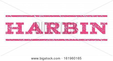 Harbin watermark stamp. Text tag between horizontal parallel lines with grunge design style. Rubber seal stamp with dust texture. Vector pink color ink imprint on a white background.
