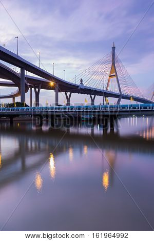 Rama9 Suspension bridge reflection lights at twilight, Thailand