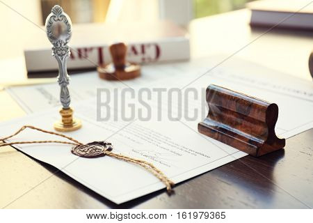 Old notarial wax seal and stamp, closeup