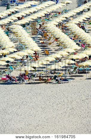 Pescara Italy - September 10 2006: Geometric rows of umbrellas on the Montesilvano beach
