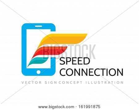 Speed connection - vector business logo template. Mobile phone and wing creative illustration. Modern smartphone technology symbol. Cellphone concept sign. Design elements.