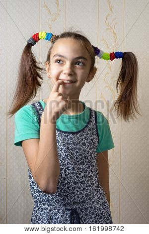 11 Year Old Girl With Pigtails Like Pippi Longstocking With A Mischievous Look On Her Face And Her F
