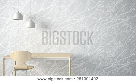 Minimalist Architect Designer Concept, Table Desk And Chair, Kitchen Or Office With Lamps On Forest 