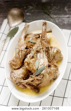 Rabbit Stew In A Sauce Of Wine And Cream With The Addition Of Mustard, Garlic, Thyme And Sage.