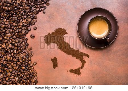 Cup Of Espresso Coffee, Roasted Coffee Beans And Map Of Italy.