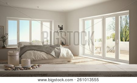 Wooden Vintage Table Top Or Shelf With Candles And Pebbles, Zen Mood, Over Blurred Empty Minimalist 